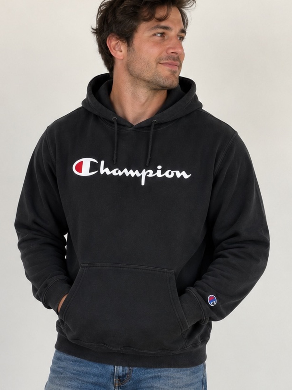 Champion Black Script Logo Powerblend Hoodie Mens M Worn In